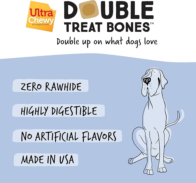 Ultra Chewy Yogurt Double Treat Bones: Strawberry, Blueberry and Banana, Long-Lasting Dog Treats Made in USA for Large and Small Breeds, Highly Digestible (2 Packs)