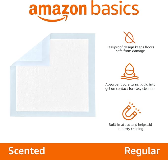 Amazon Basics Scented Dog and Puppy Pee Pads, 5-Layer Leak-Proof Super Absorbent, Quick-Dry Surface, Potty Training, Regular (22x22), 30 Count, Blue & White