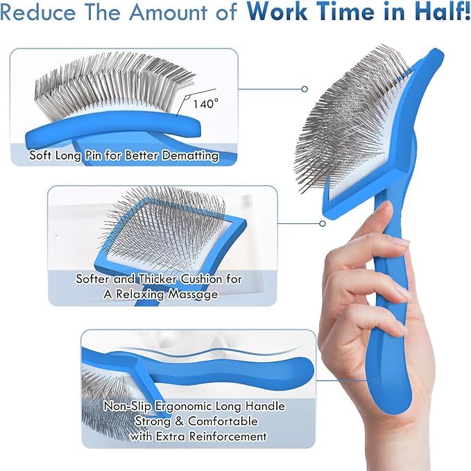 Large Dog Slicker Brush for Shedding & Curly Coat, Long Hair Dogs & Cats, Doodles, Poodles & Goldendoodles, Long Pin Grooming Brush with Wooden Handle, 3 Pcs Comb Set for Mats Tangles. Blue