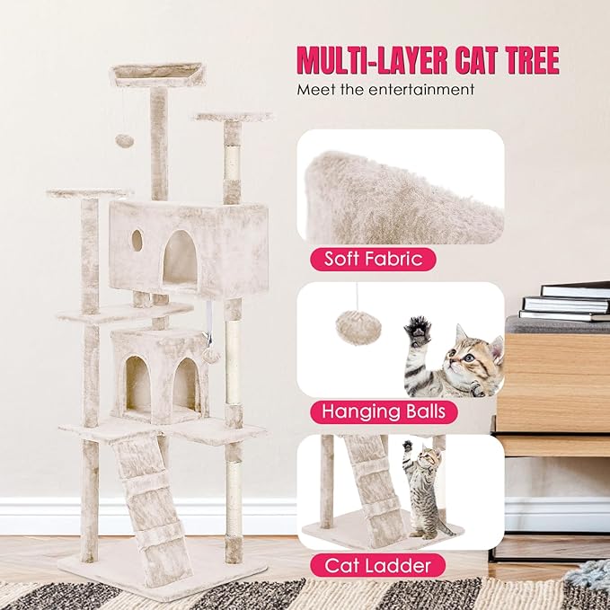 PayLessHere Cat Tree 70in Cat Tower with Cat Scratching Post,Multi-Level Cat Condo Stand House Furniture Kitty Activity Center with Furry Ball Toys Cat Tree for Indoor Cats.Beige