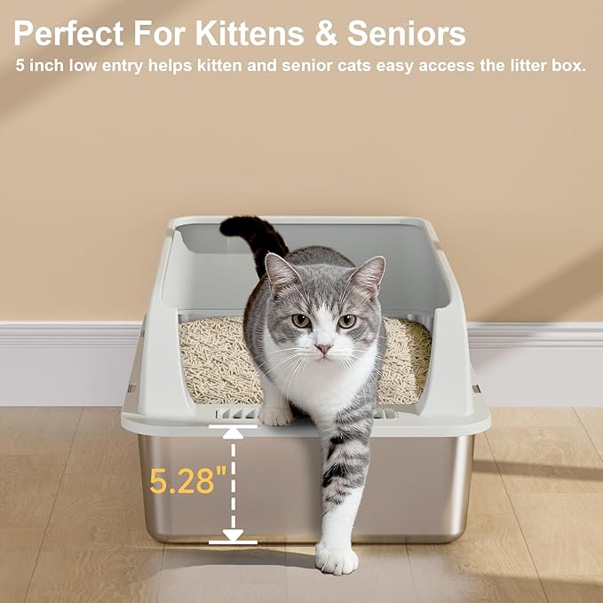 TENTIZON 2 Pack Stainless Steel Cat Litter Box with Lid, Open Top Large Metal Kitty Litter Pan with High Side, Litter Mat, Scoop for Kitten, Multi-Cats Home, Odor Control, Leak Proof, Easy Clean