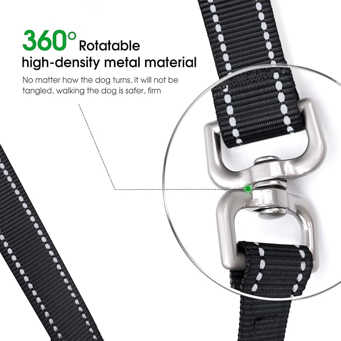 Hands-Free Dog Leash, Heavy Duty No-Pull Training Lead w/Anti-Tangle, Double Padded Traffic Handles Adjustable 5.5-6.2FT & Reflective Thread for Medium Large Dogs for Running/Walking Black