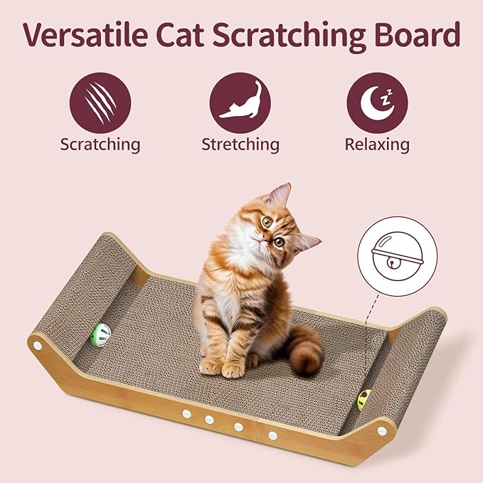 Modern Cat Scratcher Pad Cardboard for Indoor, 23.8" Scratching Lounger Board with Ball Track for Kittens & Large Cats, 3 in 1 Floor Horizontal Bed for Furniture Protection