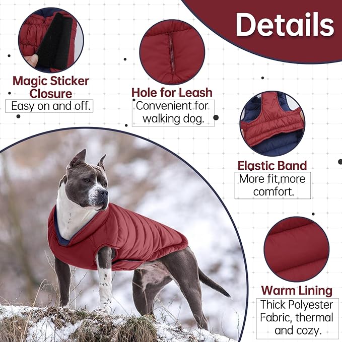 Lelepet Reversible Dog Coat Waterproof Dog Jacket Windproof Puffer Vest for Winter Warm Lightweight Coats for Large Dogs Adjustbale Hook & Loop Pet Apparel with Leash Hole, Pitbull, Wine Red, XL
