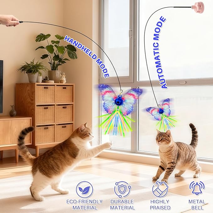 Walfront Interactive Cat Wand Toy with Butterfly Attachments, 3-Pack Cat Teaser Wands with Stable Base, Hands-Free Self-Play Indoor Exercise Toy for Kittens & Adult Cats