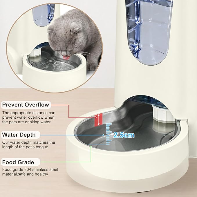 2 Pack Automatic Cat Feeder and Stainless Steel Water Dispenser, Gravity Dog Waterer Set Food Feeder and Waterer Set for Small Medium Kitten Puppy Pets (1 Gallon x 2, Ivory White)