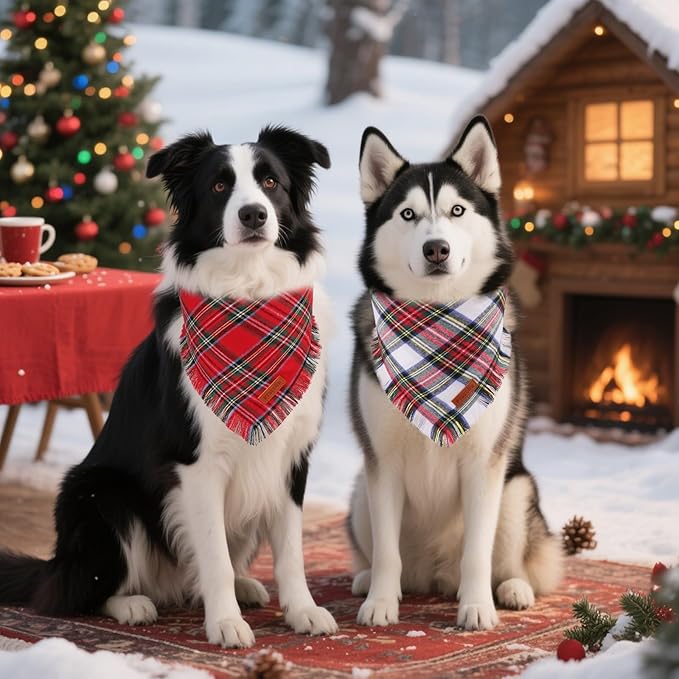 PTDECOR Christmas Dog Bandanas with Tassels Edges, Stylish Red White Plaid Scarf Bib, Premium Cotton Fabric, Reversible Triangle Xmas Bandanas for Extra Large Dogs (X-Large)