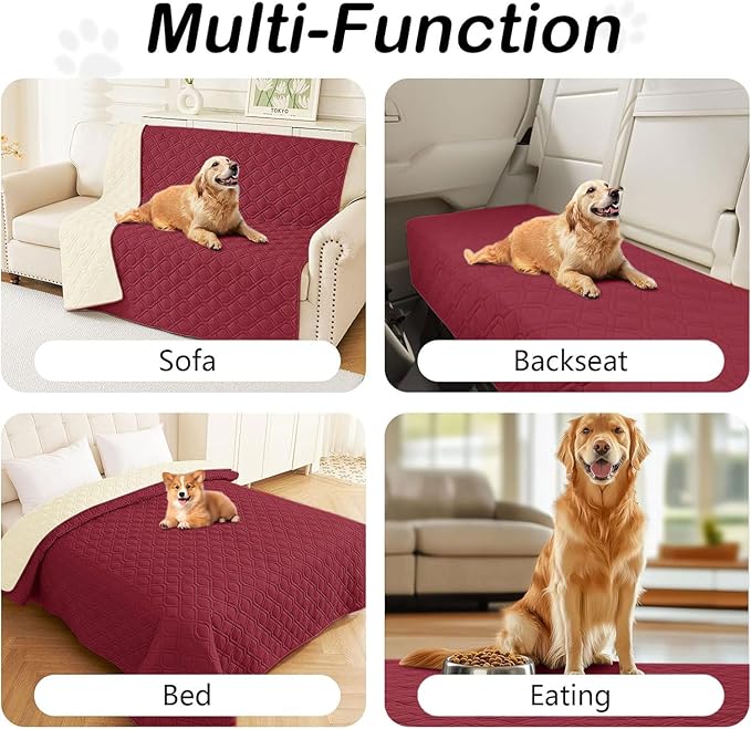 hyha Waterproof Dog Bed Blanket, Soft Pet Blankets, Waterproof Couch Cover for Dogs, Reversible Sofa Covers Washable for Furniture (52x82 Inch, Wine Red/Beige)