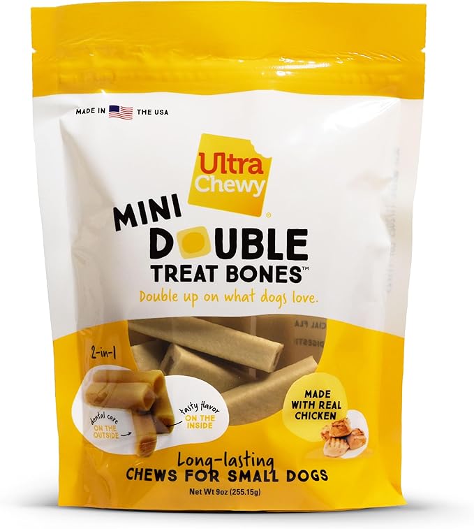 Ultra Chewy Mini Double Treat Bones: Long-Lasting Dog Treats Made in USA, Highly Digestible, Ideal for Aggressive Chewers 9oz (Peanut Butter and Chicken Flavor, 2 Packs)