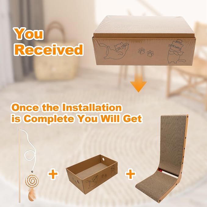 L-Shaped Cat Scratcher 2-in1 Scratching Board for Indoor Cats Protecting Furniture Cardboard Box Scratch Pad with Ball Toy Cats Scratching Posts with Cat Teaser