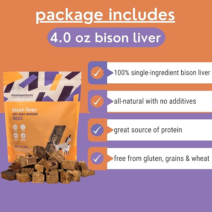 Momentum Carnivore Nutrition Freeze-Dried Bison Liver Dog Treats & Cat Treats – Single-Ingredient, High-Protein, Grain-Free, Lean Novel Protein – Made in USA – 4 oz Bag