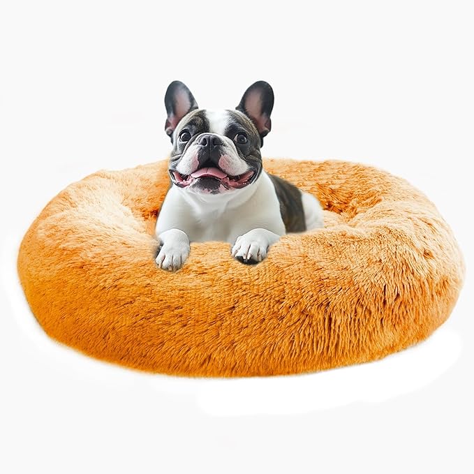 JOLLYVOGUE Calming Dog Bed Medium Size Dog, Anti-Anxiety Donut Medium Pet Bed, 27 inches Fluffy Faux Fur Round Cat Bed (Orange)