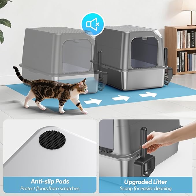 Enclosed Stainless Steel Cat Litter Box with Lid, XL Extra Large Litter Box for Big Cats, Metal Litter Pan High Sided, Never Absorbs Odors, Anti-Urine Leakage, Include Scoop (Light Grey)