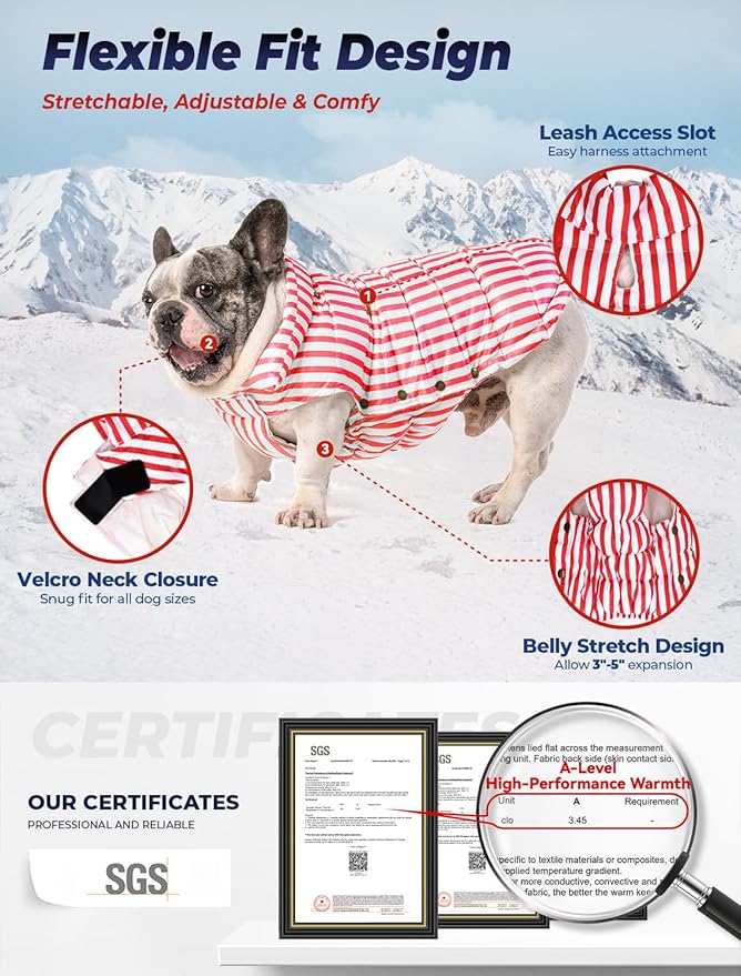 SPACE LION Dog Puffer Jacket, Down Winter Coat, Durable Outdoor Coat for Cold and Windy Conditions, Lightweight & Adjustable Fit Coats for Large Dogs, (RedStripe, Size24/2XL)
