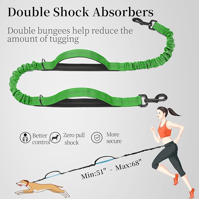 iYoShop Hands Free Dog Leash with Zipper Pouch, Dual Padded Handles and Durable Bungee for Walking, Jogging and Running Your Dog (Large, 25-120 lbs, Emerald)