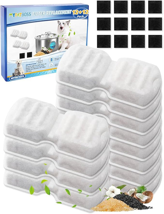 12+12 Pack Water Filter for Cat Fountain Compatible with 2.2L, 2.6L Stainless Steel Cat Fountains - Activated Carbon + Ultra-fine Fiber for Clean Pet Drinking