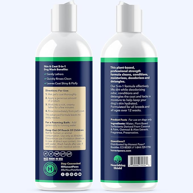 Honest Paws Dog Shampoo and Conditioner - Premium Dog Wash for Allergies and Dry, Itchy, Moisturizing for Sensitive Skin - Sulfate Free, Plant Based, All Natural - Oatmeal & Aloe -16 Fl Oz