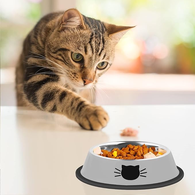 2 Pcs Non-Slip Stainless Steel Small Cat Food Bowls - Unbreakable, Thicken 7 Oz Cat Dishes - Indoor, Removable Rubber Base, Easily Clean, Lovely Color