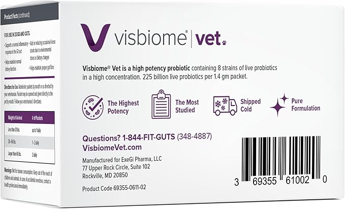 Visbiome® Vet Advanced GI Care High Potency Probiotic for Dogs & Cats – 225B CFU, 8-Strain Formula – Refrigerated, Veterinarian Recommended, Clean Label Certified – 30 Packets
