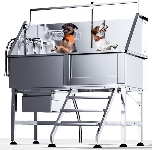 46" Dog Washing Station, Professional Stainless Steel Dog Bathtub for Large, Medium & Small Pet. Height Adjustable Grooming Tub W/Drawer, Ramp, Floor Grate & Fauct(Right Stairs)