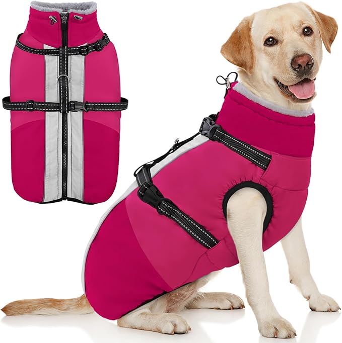 AOFITEE Dog Coats for Large Dogs, Waterproof Dog Winter Jacket with Harness Built in, Warm Large Dogs Coat with Fleece Lined, Zip Up Pets Jackets for Golden Retriever, Weimaraner, Hot Pink 2XL