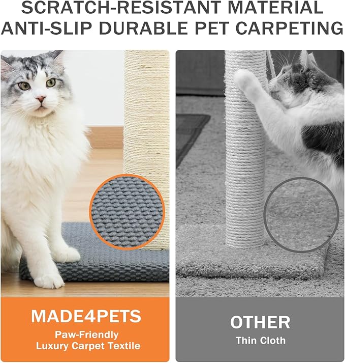 Made4Pets Tall Cat Scratching Post, Heavy Duty and Thicker Scratching Posts for Indoor Cats Adults, 23.6" Natural Sisal Cat Scratcher with Hanging Balls, Sturdy Base Cat Scratch Post, Light Grey