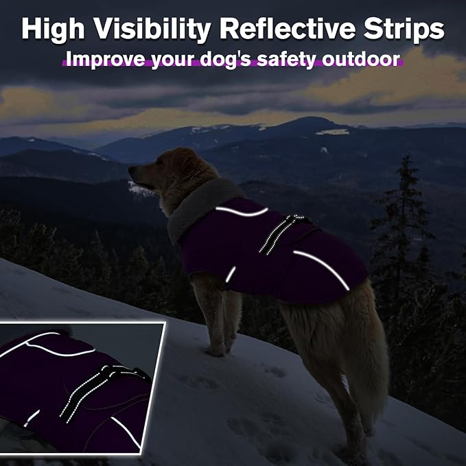 Lelepet Warm Dog Winter Coats for Extra Large Dogs Waterproof Dog Jacket Reflective Pet Fleece Vest Windproof Cold Weather Coats with Adjustable Buckle & Leash Hole, Purple, XXXL