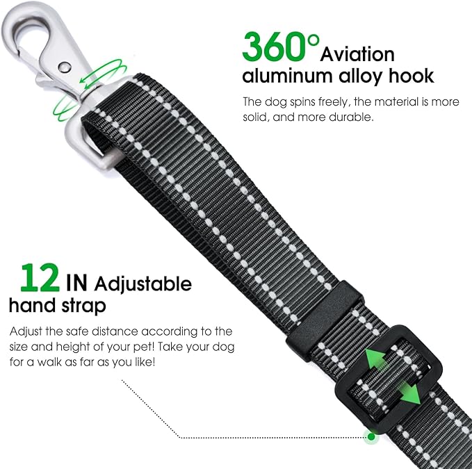 Hands-Free Dog Leash, Heavy Duty No-Pull Training Lead w/Anti-Tangle, Double Padded Traffic Handles Adjustable 4-4.6FT & Reflective Thread for Medium Large Dogs for Running/Walking Black