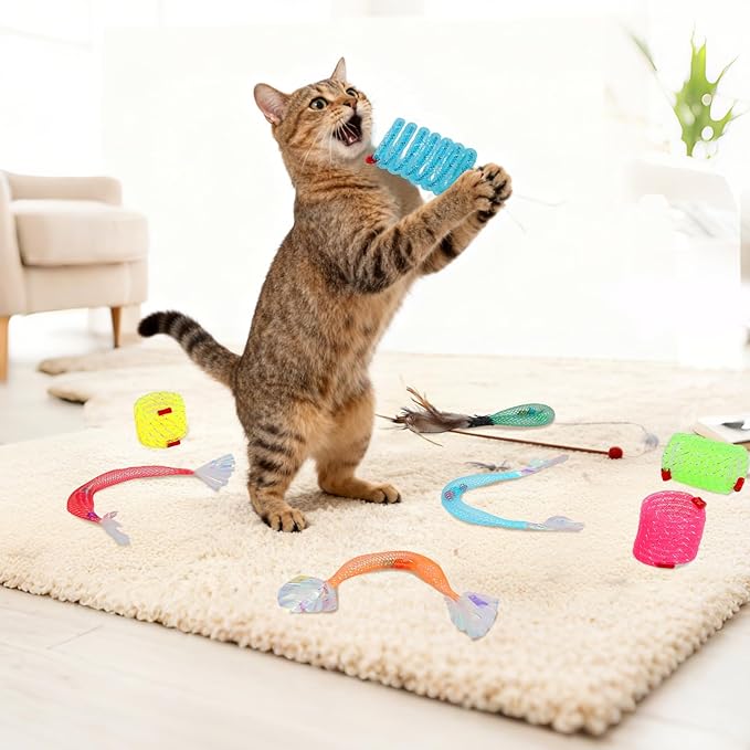 12 Pcs Cat Chew Rope, Interactive Chew Toys Set - Crinkle Jingle Elastic Rope, Gall Fruit Feather Refill & Mesh Spring Toys for Kittens & Adult Indoor Cats
