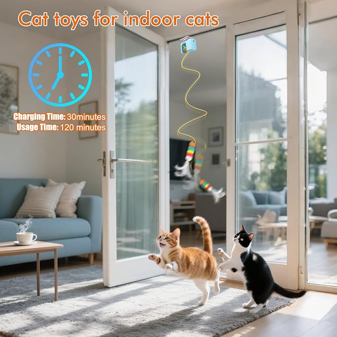 AIERSA Interactive Cat Toys for Indoor Cats,Automatic Cat Hanging Toys for Bored Indoor Adult Cats, Caterpillar and Flying Bird Toy for Door Frame, Self-Play Pet Chase Toy-Blue