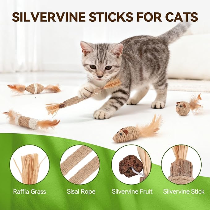 6 Pcs Cat Toy Set - Sisal Rope Mouse Toys with Feather & Rattle + Silvervine Chew Stick, Interactive Hunting & Dental Care Mice Toys for Indoor Kittens & Adult Cats