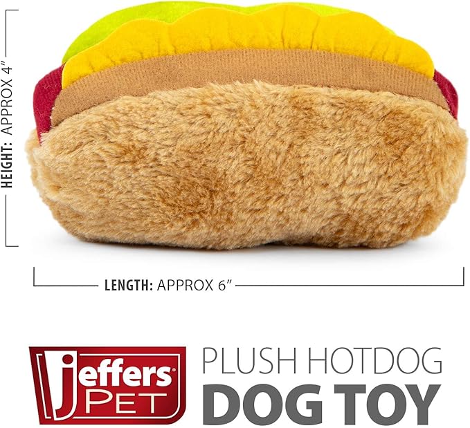 Jeffers Pet Plush American Grill Time Cuisine Dog Toys – 6" Squeaky Hotdog Plush Toys for Dogs – Chew, Cuddle, Interactive Play, Soft Durable Fabric, Puppy Gift, Christmas Stocking Stuffer