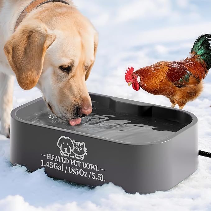 1.45 Gallon Extra-Large Heated Water Bowl for Dog&Cat,Outdoor Heated Dog Bowl with Anti-Chew Cord,Waterproof Heated Pet Bowl Provides Drinkable Water in Winter for Chickens,Squirrels,Rabbits,Grey