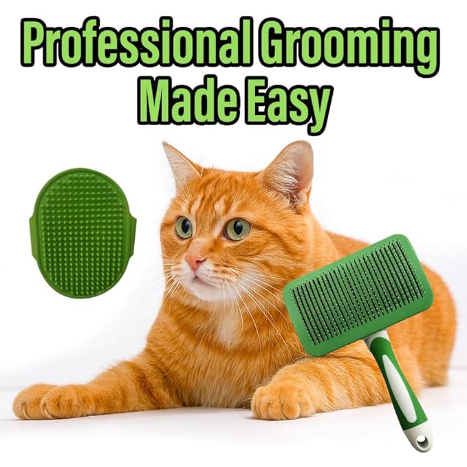 2 Pcs Self Cleaning Slicker Brush & Bath Brush For Dogs and Cats - Skin Friendly Deshedding Dog Brush Suitable For Shedding & Haired Pets, Green