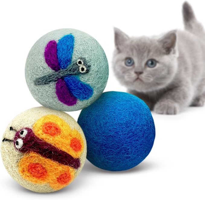 Hustle & Blush Love Ewe Felted Cat Toys 3 Pack - 2 Inch Dragonfly & Butterfly Hand Made Cute & Fun Design Kitten Wool Felt Balls for Indoor Play & Exercise - 100% New Zealand Handmade - Holiday Pet