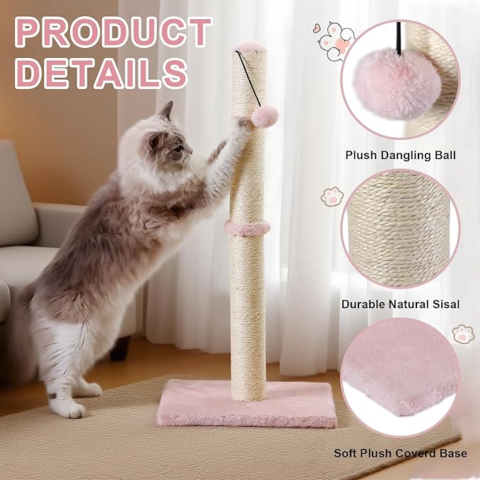 Dimaka Tall Cat Scratching Post, Claw Scratcher with Sisal Rope and Covered with Soft Smooth Plush, Vertical Scratch [Full Strectch] for Standard Size Cats (Pink, 34 inches for Large Cats)