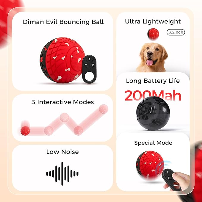 Diman Interactive Dog Ball Toys with Remote Control, Automatic Dog Toy, Moving Dog Toy, Bouncing and Rolling, E-TPU Matrial, Interactive Dog Toys for Aggressive Chewers (3.2 Inch, Red Black)