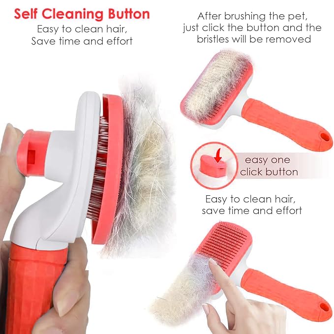 Self Cleaning Slicker Brush, Dog Cat Bunny Pet Grooming Shedding Brush, Easy to Remove Loose Undercoat, Pet Massaging Tool Suitable for Pets with Long or Short Hair (Red)