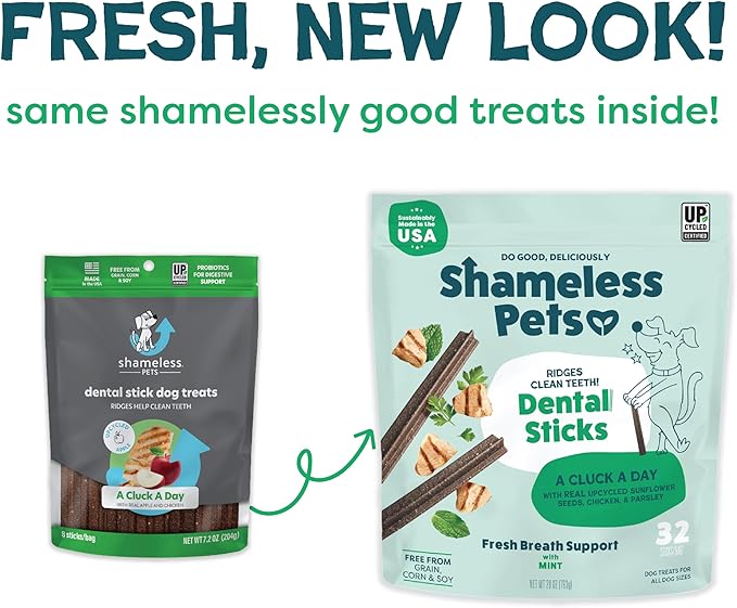 Shameless Pets Chicken & Mint Dental Chews for Dogs, 32 Chews - Natural Dog Teeth Cleaning Treats with Fresh Breath Benefits | Grain-Free Dental Sticks for Small, Medium & Large Dogs