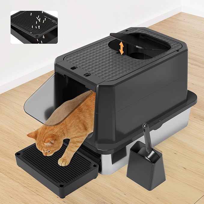 RIZZARI Enclosed Cat Litter Box: All Black Stainless Steel Odorless Cat Box - Top-Entry Design - Large Capacity Leak Proof Litter Pan for Cats - Teflon Non-Stick Coating - for Living Room Bedroom
