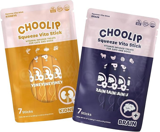 Choolip Bundle | Kidney + Brain Pouches. 14 Squeeze Vita Sticks (7 Kidney + 7 Brain) with Essential multivitamins. [Both Products are for Cats & Dogs of All Life Stages]