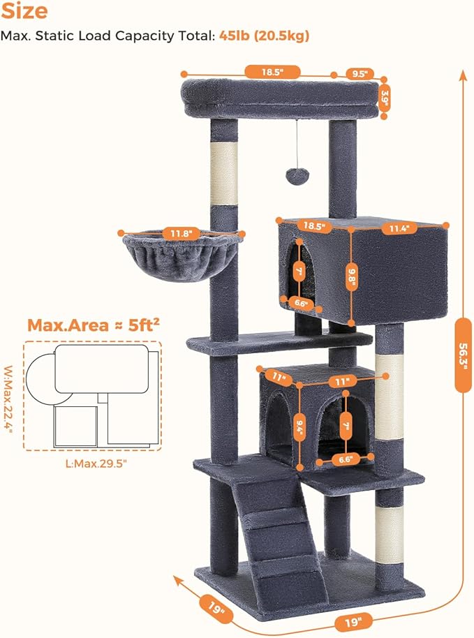 Cat Tree for Large Cats Adult with Super Large Top Perch, 56.3" Tower with Plush Hammock, Shelves and Dangling Pompom, Scratching Posts and 2 Condos House, Dark Gray