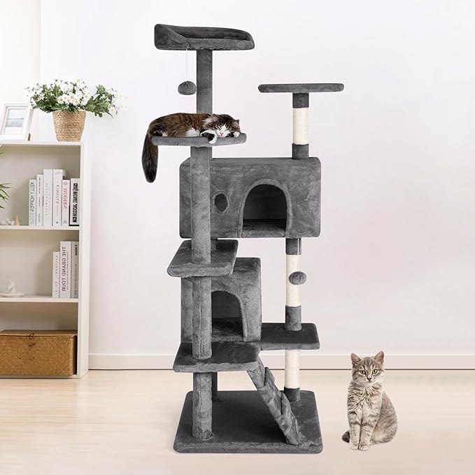 PayLessHere Cat Tree 54in Cat Tower with Cat Scratching Post,Multi-Level Cat Condo Stand House Furniture Kitty Activity Center with Furry Ball Toys Cat Tree for Indoor Cats, Light Gray