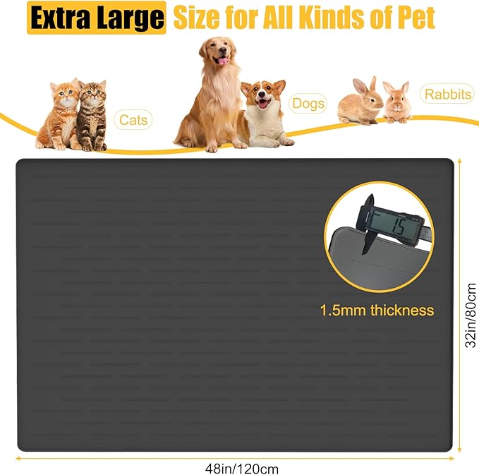 1.5MM Super Thick Dog Food Mat, 48"x32" Silicone Dog and Cat Mats for Food and Water Bowls, Waterproof Pet Feeding Mat for Contain Spills Protects Floors, Multiple Colors & Sizes for Pets, Dark Gray