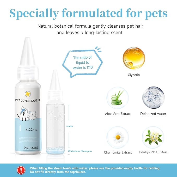 Pet Steam Brush Dog Cat 2025 New Grooming Comb for Shedding, Floating Hair, Smooth & Detangling, Gentle Cool Mist Softens Hair Reduces Static Helps Pets Who Dislike Bathing,Includes 2*Shampoo