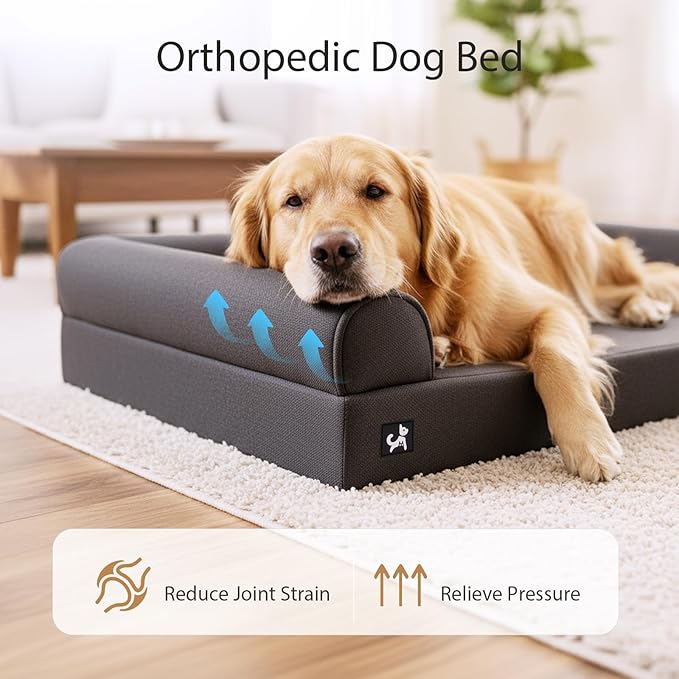 Sytopia 42in Chew Proof Dog Beds for Large Sized Dogs, Waterproof Egg Crate Foam XL Orthopedic Pet Bed with Removable Washable Cover, Non-Slip Bottom, Supports up to 100 lbs for Senior Pet, Dark Gray