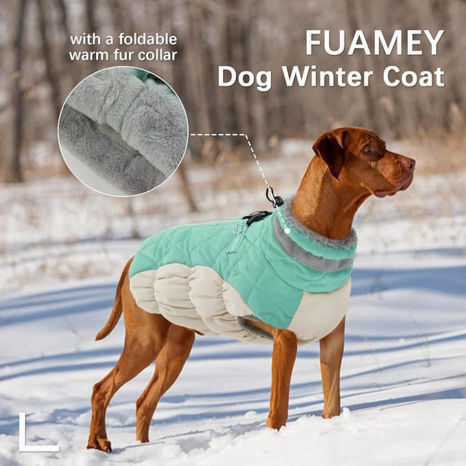 FUAMEY Dog Coat for Large Dogs,Waterproof Dog Winter Jacket with Harness Built in Puppy Cold Weather Coats Reflective Pet Vest with Zipper Warm Fleece Dogs Snowsuit Windproof Mint Green XL