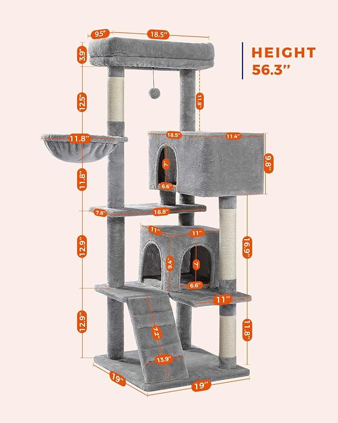 Cat Tree for Large Cats with Super Large Top Perch, 56.3" Cat Tower with Plush Hammock, Dangling Pompom, Cat Scratching Posts and 2 Condos House, Light Grey