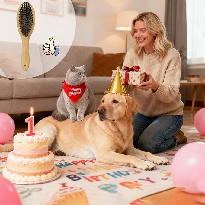 Patina Dog Cat Brush for Shedding, Natural Bamboo Boar Bristles Brush, Pet Grooming Supplies for Short and Long Haired Dogs Cats, Gentle Easy Grooming Massage, Japanese design