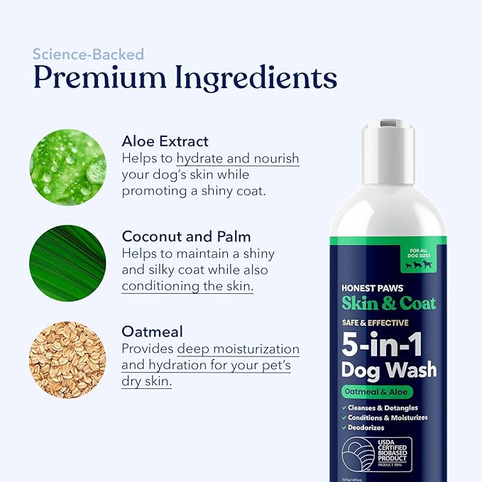 Honest Paws Dog Shampoo and Conditioner - Premium Dog Wash for Allergies and Dry, Itchy, Moisturizing for Sensitive Skin - Sulfate Free, Plant Based, All Natural - Oatmeal & Aloe -16 Fl Oz